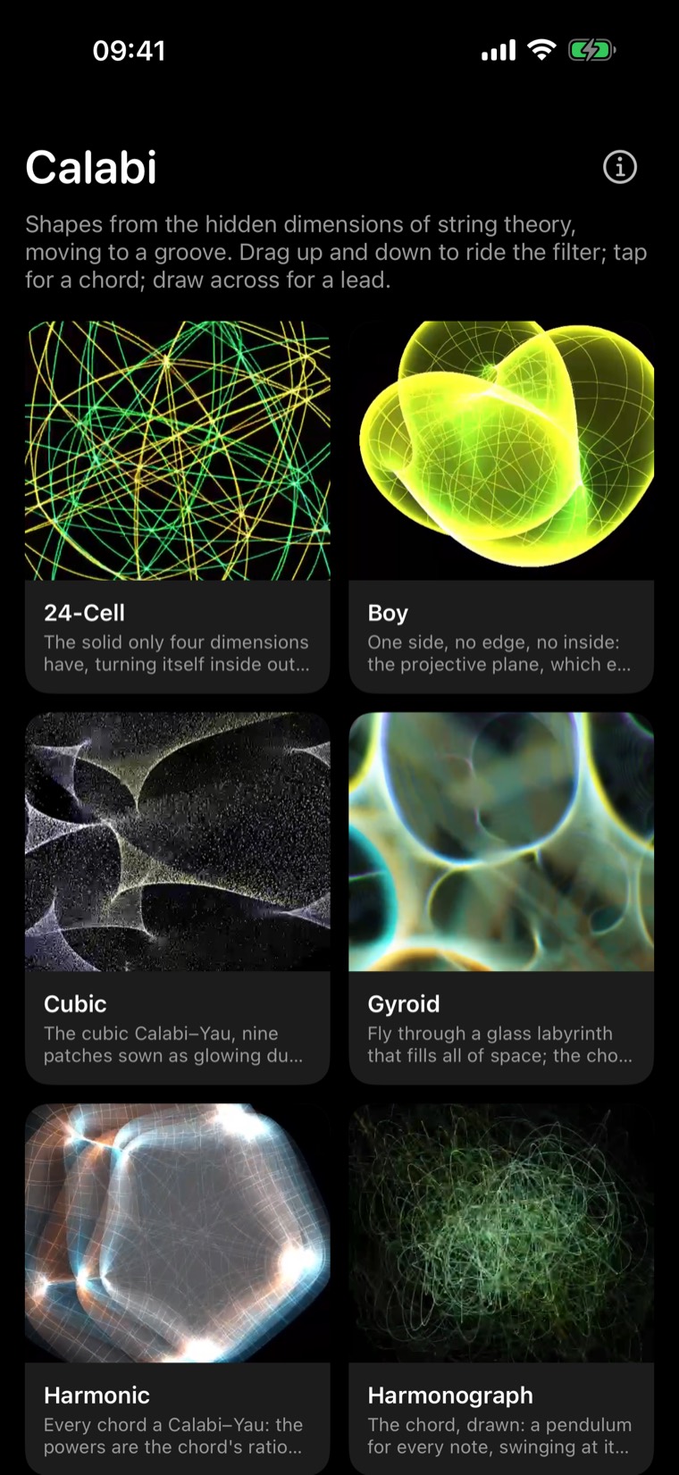 The Calabi shelf on iPhone: room tiles for 24-Cell, Boy, Cubic, Gyroid, Harmonic and Harmonograph