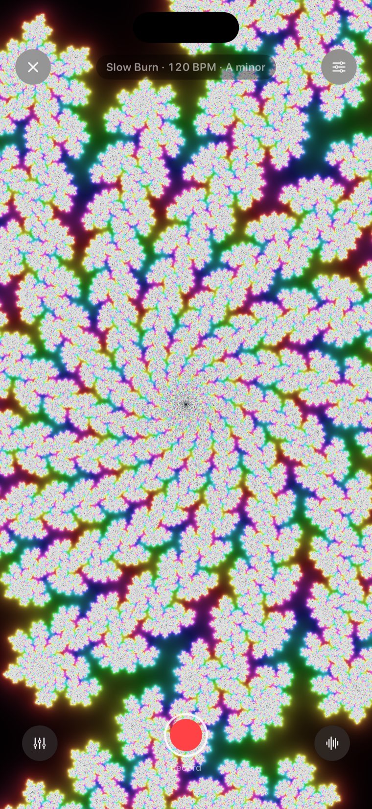 Julia: a rainbow fractal spiralling into its centre, playing Slow Burn at 120 BPM