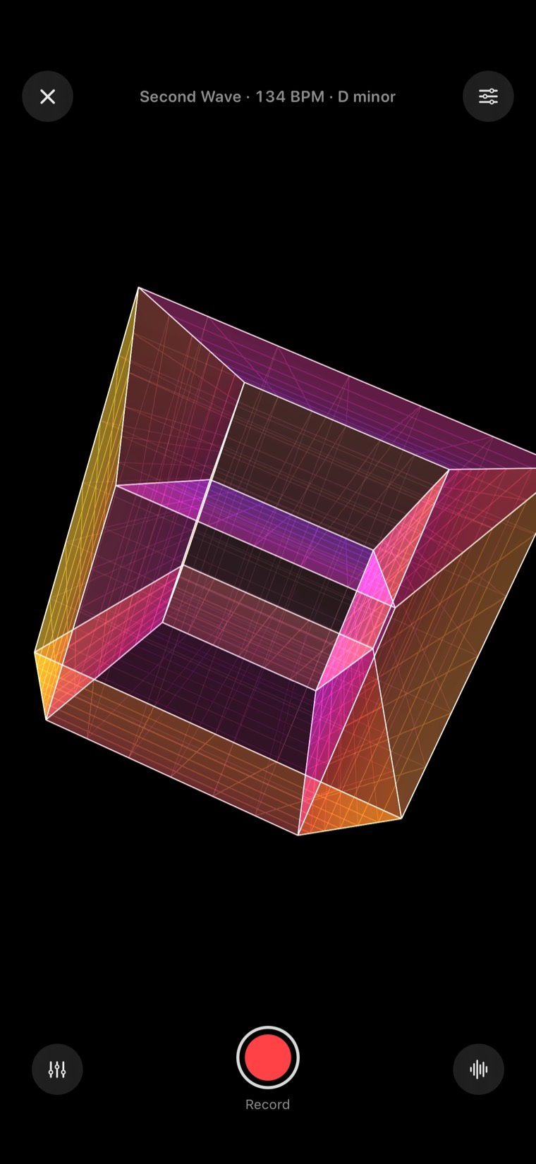 Tesseract: a glowing four-dimensional cube, playing Second Wave at 134 BPM in D minor