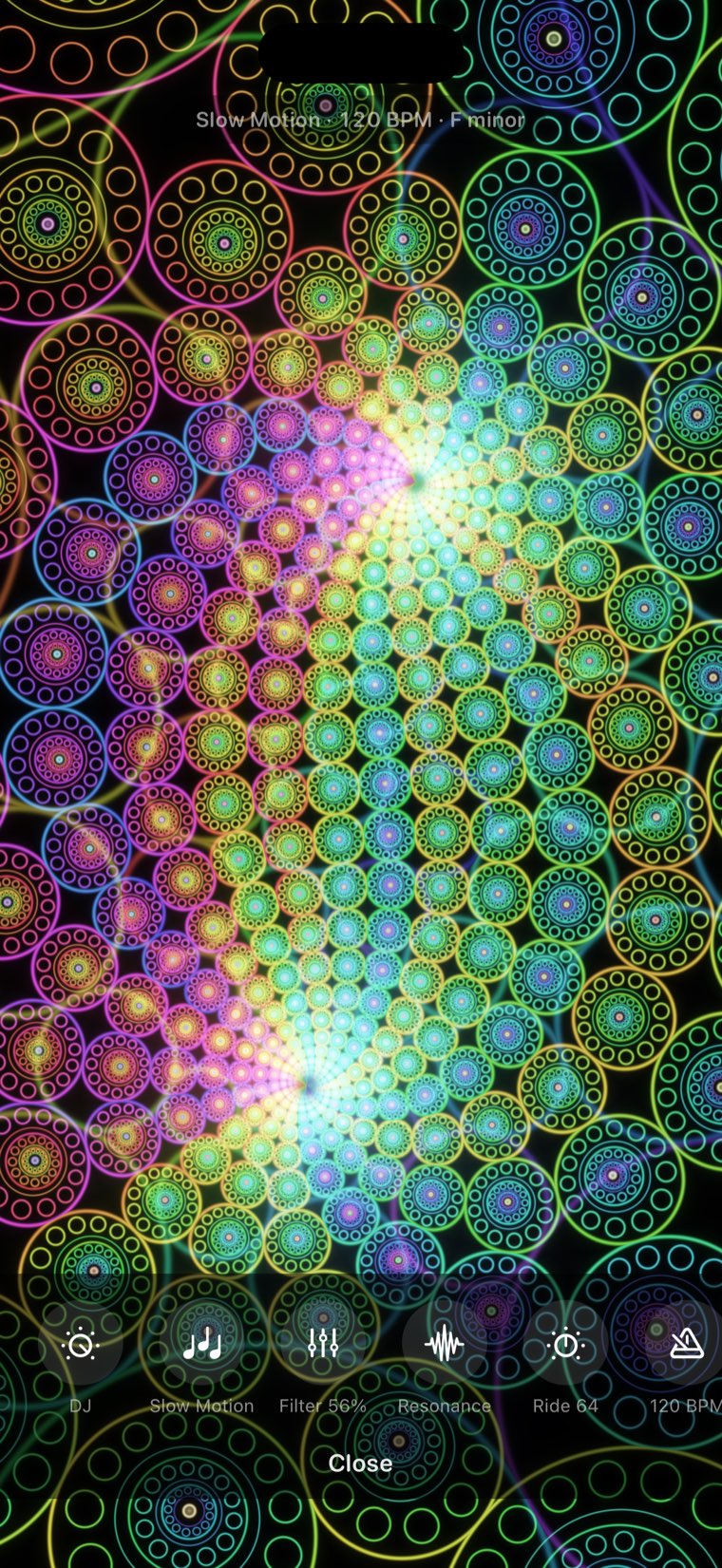 Pearls, a spiral of coloured rings, with the sound settings tray along the bottom