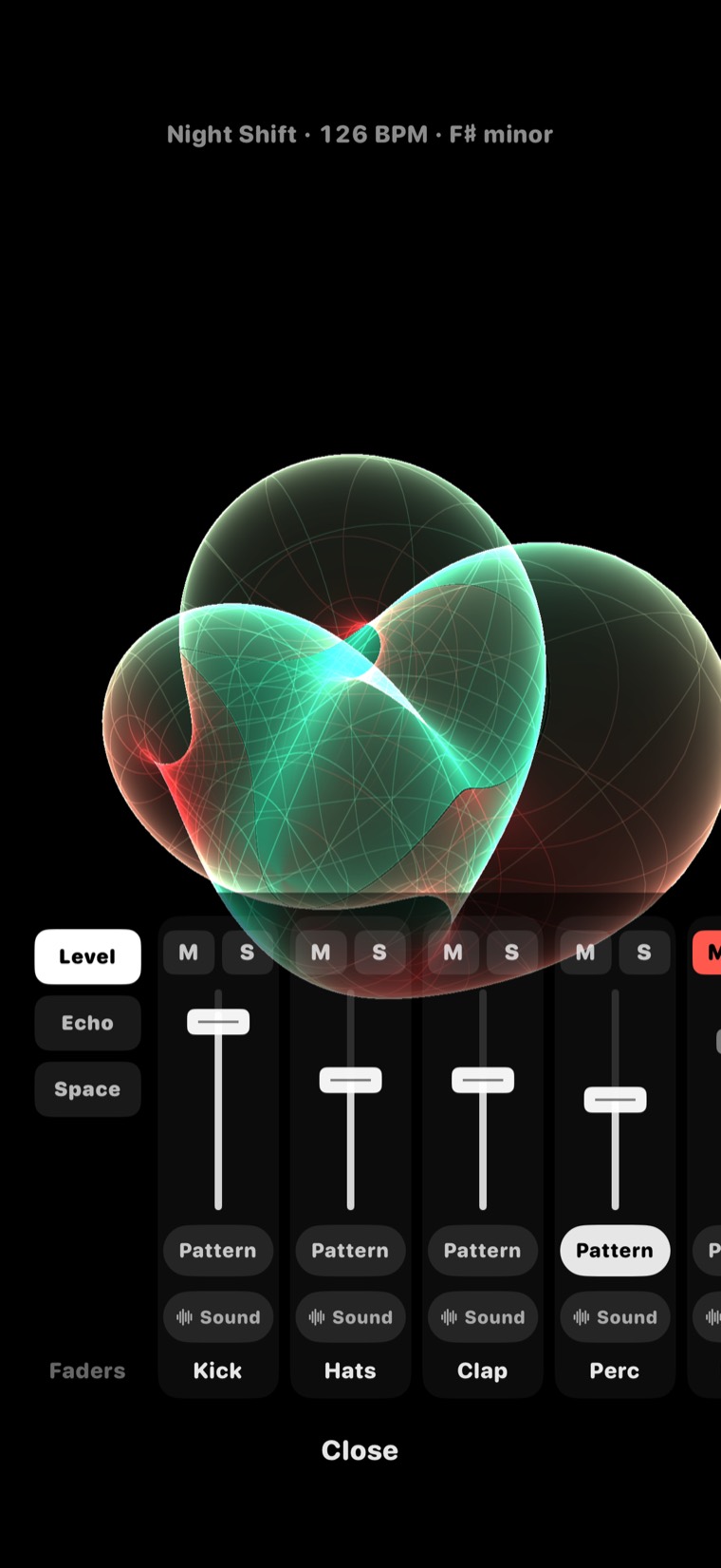 Boy's surface in green glass above the mixer, with level faders, mutes and solos for kick, hats, clap and percussion
