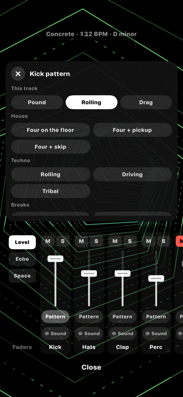 The kick pattern panel over the Portal room, offering the track's own patterns alongside house, techno and breaks patterns