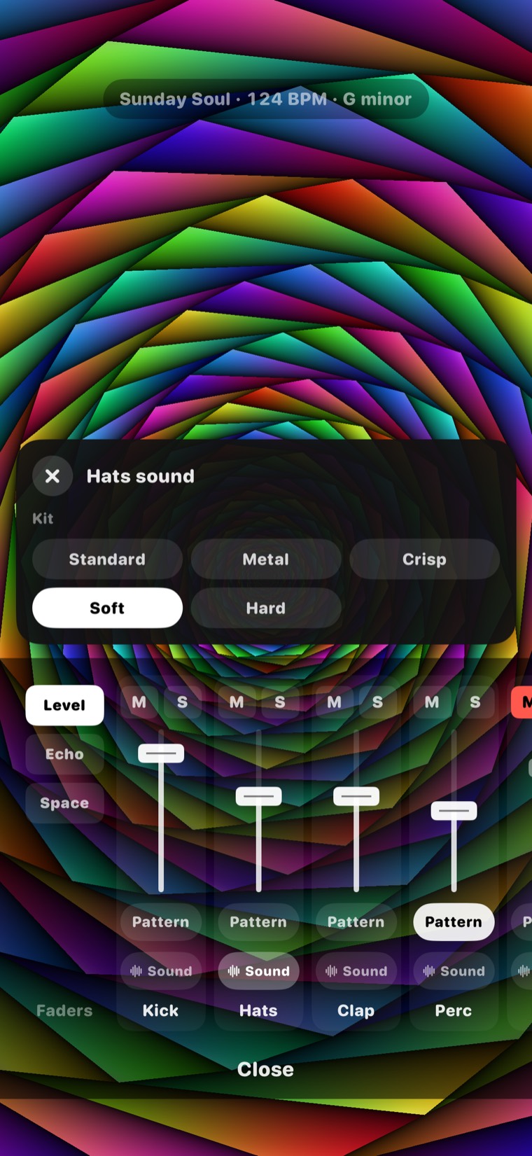 Whirl's coloured polygons with the hats sound panel open, offering kits called Standard, Metal, Crisp, Soft and Hard