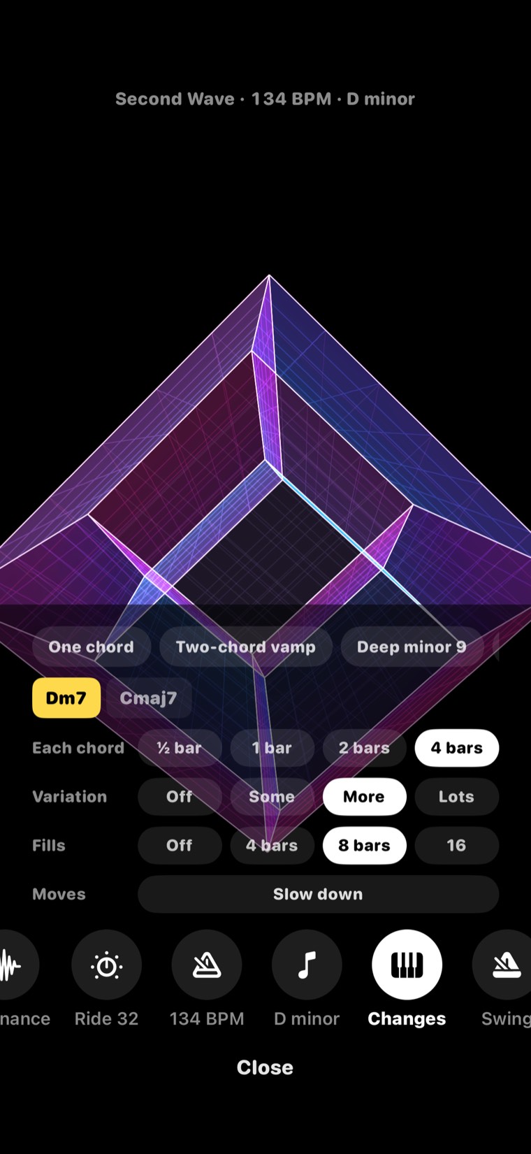 The Changes tray over the Tesseract room: chord progressions, how long each chord lasts, variation, fills and a Slow down move