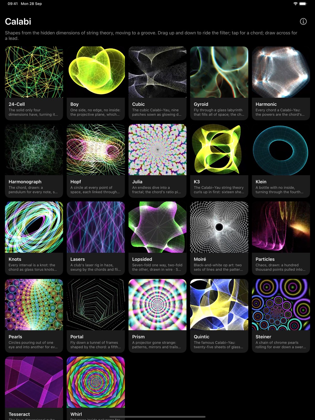 The Calabi shelf on iPad: a grid of room tiles from 24-Cell to Whirl, each with its name and a line about the shape