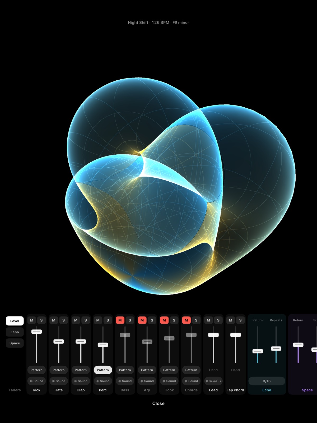 Boy's surface in blue glass above the full nine-channel mixer on iPad