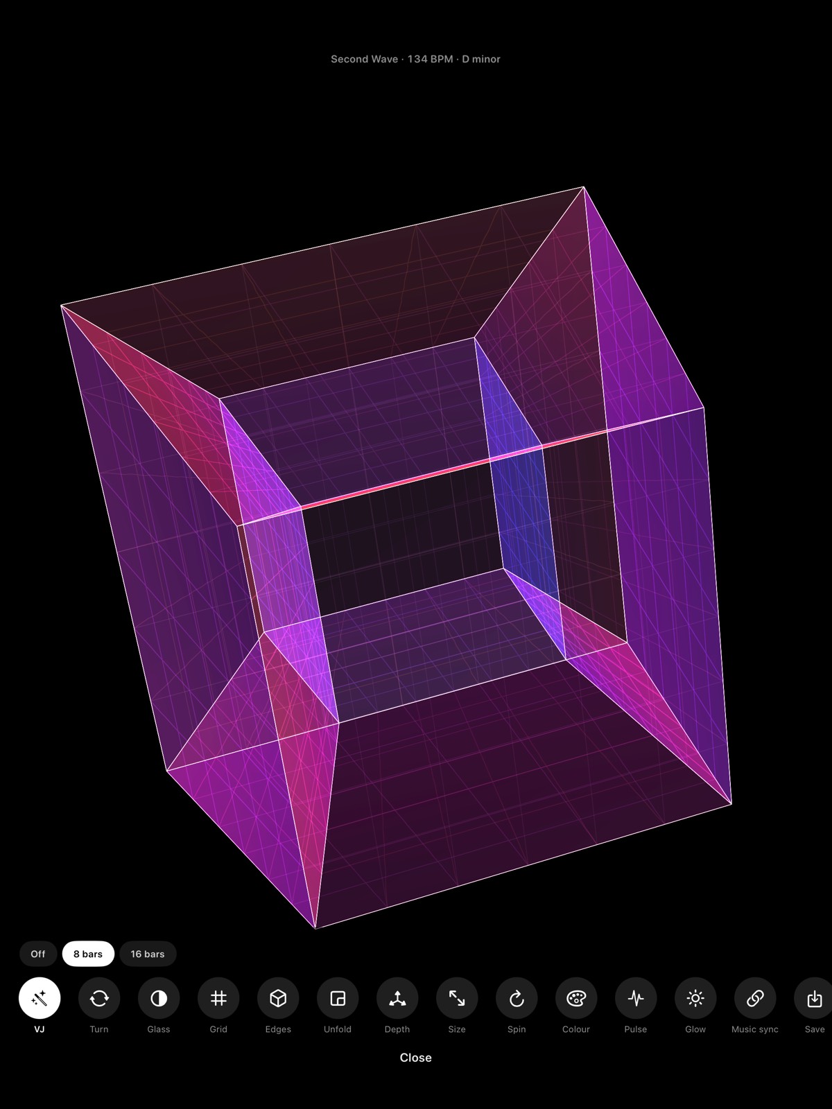 A violet tesseract on iPad with the picture settings tray open