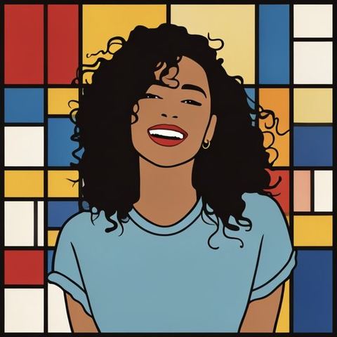 The portrait in De Stijl primary-colour blocks