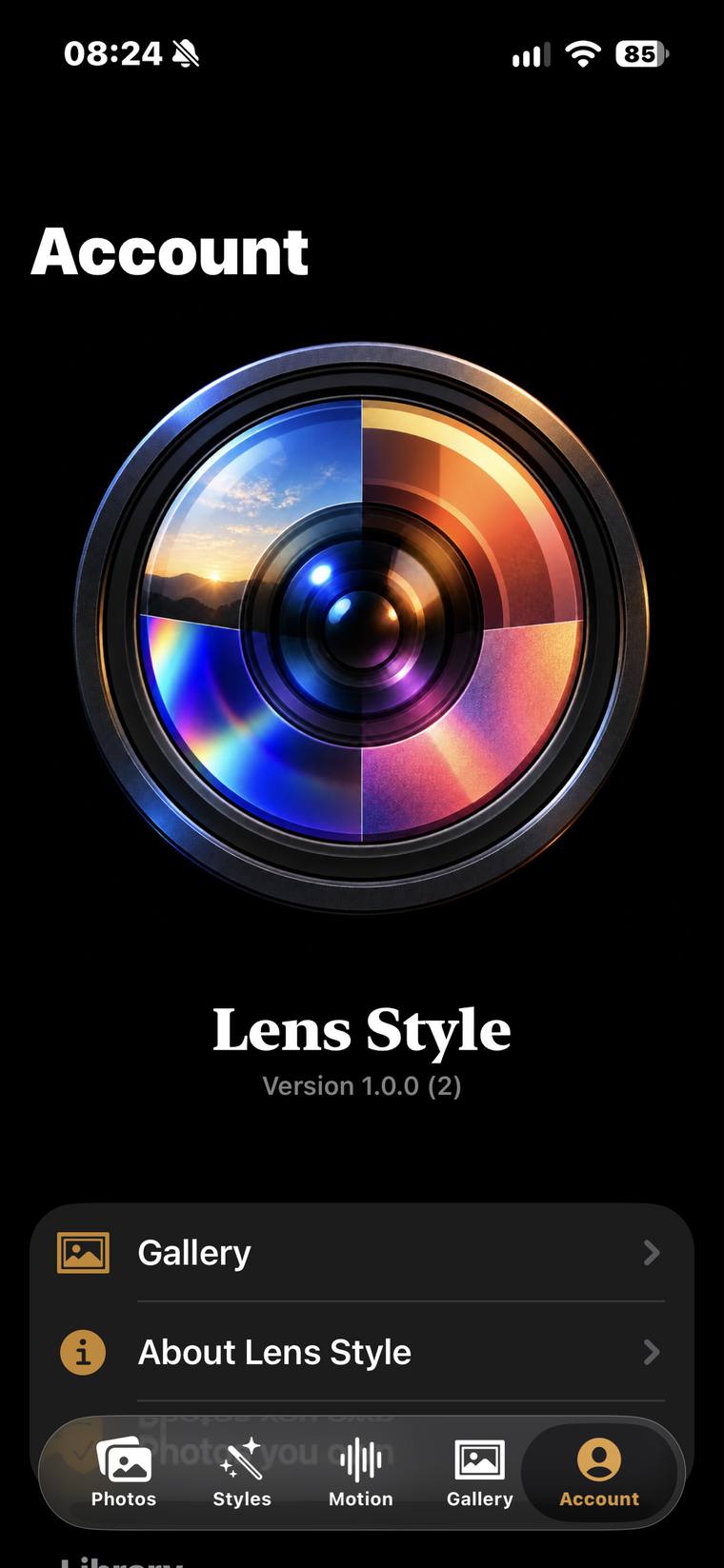 The Account tab: the Lens Style lens icon, version number, and links to Gallery and About