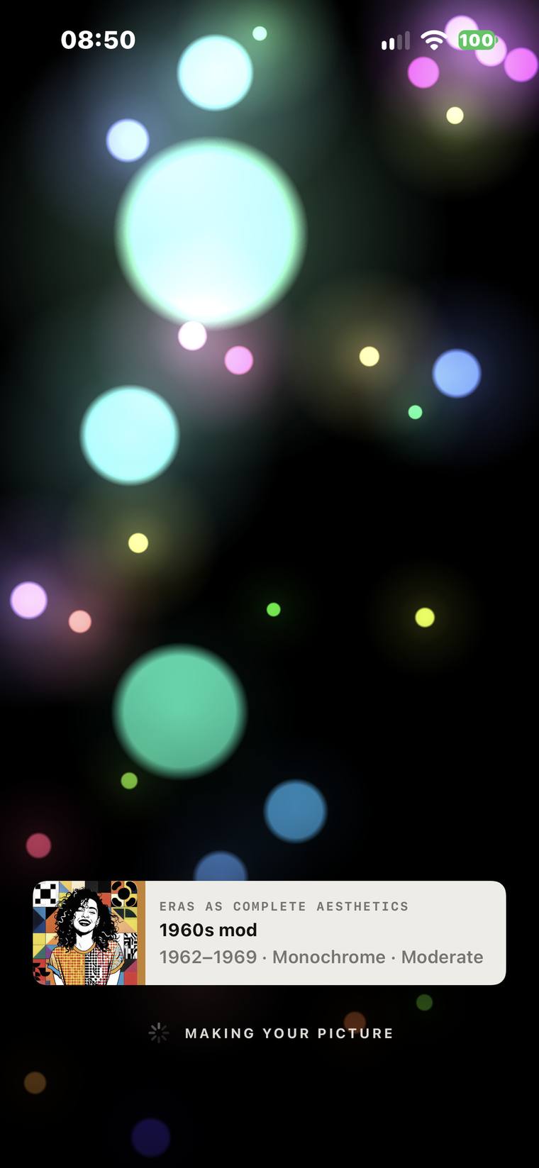 Making your picture: the card for 1960s mod while the picture is generated