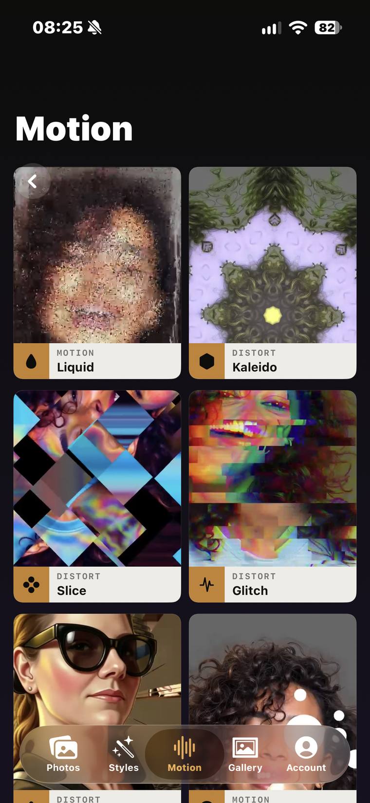 The Motion tab: tiles for Liquid, Kaleido, Slice and Glitch