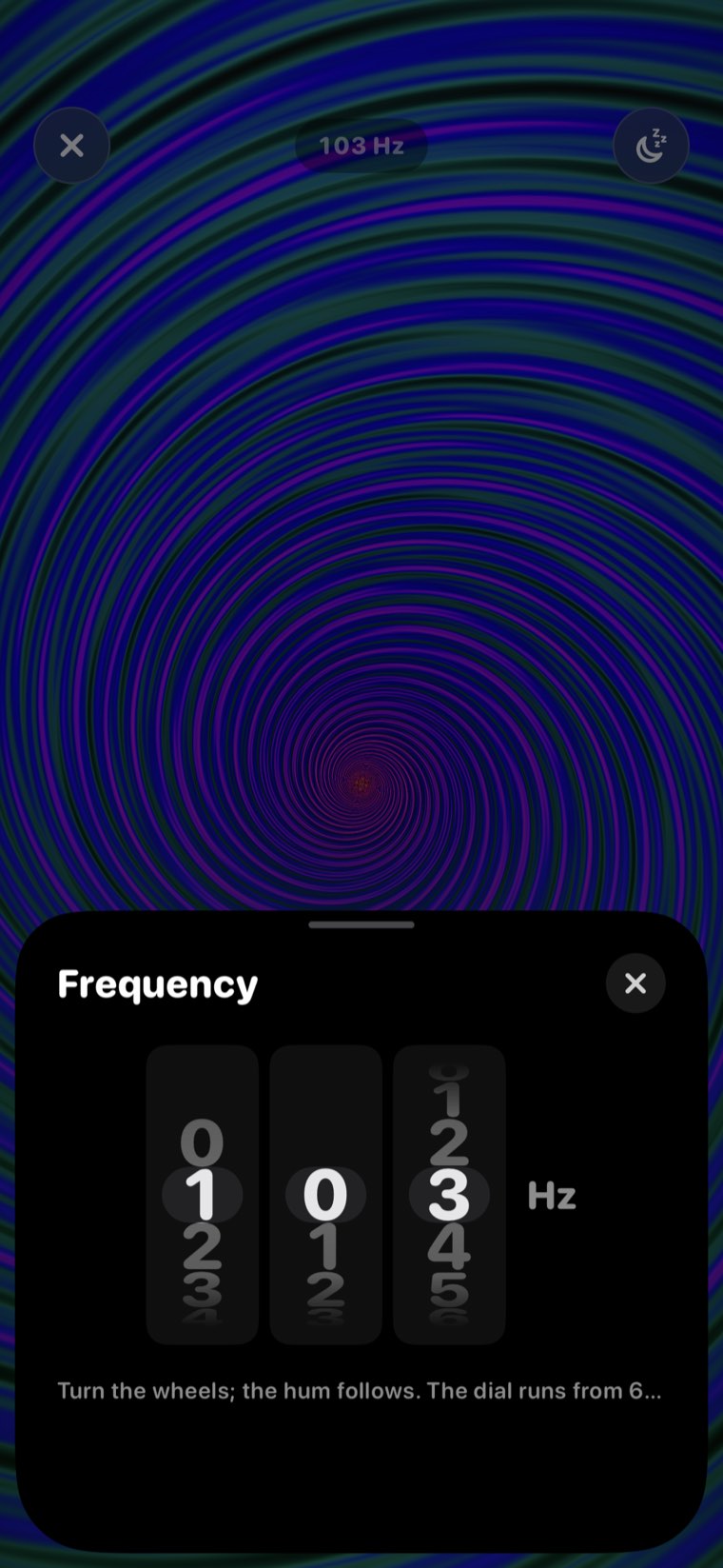 The frequency sheet: three number wheels set to 103 Hz
