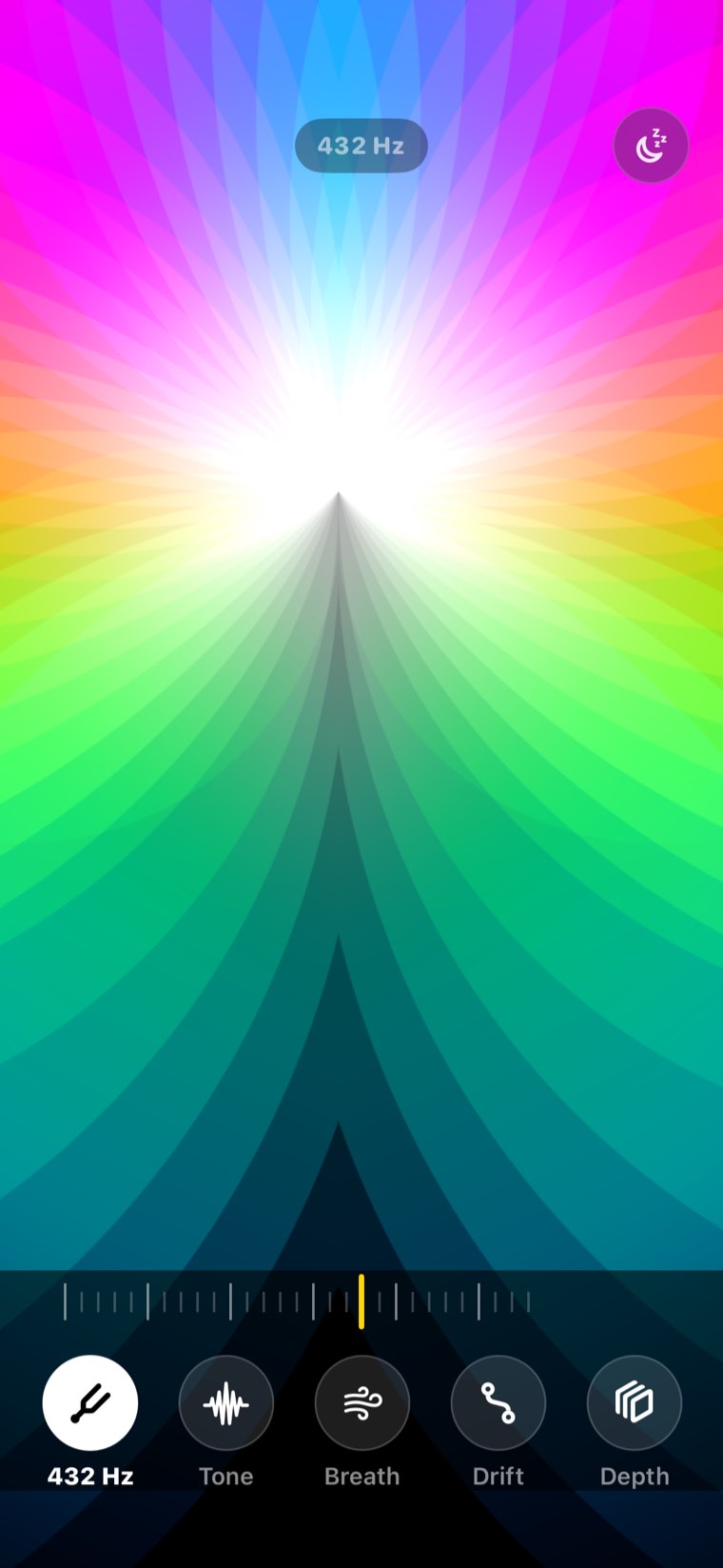 A room at 432 Hz with the sound tray open, showing Tone, Breath, Drift and Depth