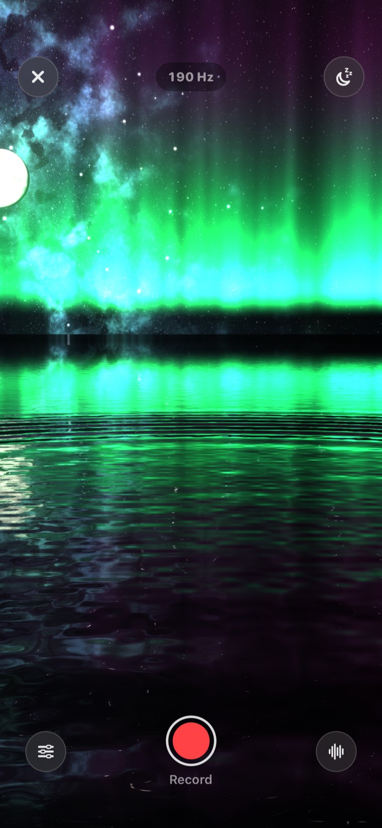 The Water room at 190 Hz: northern lights over still black water