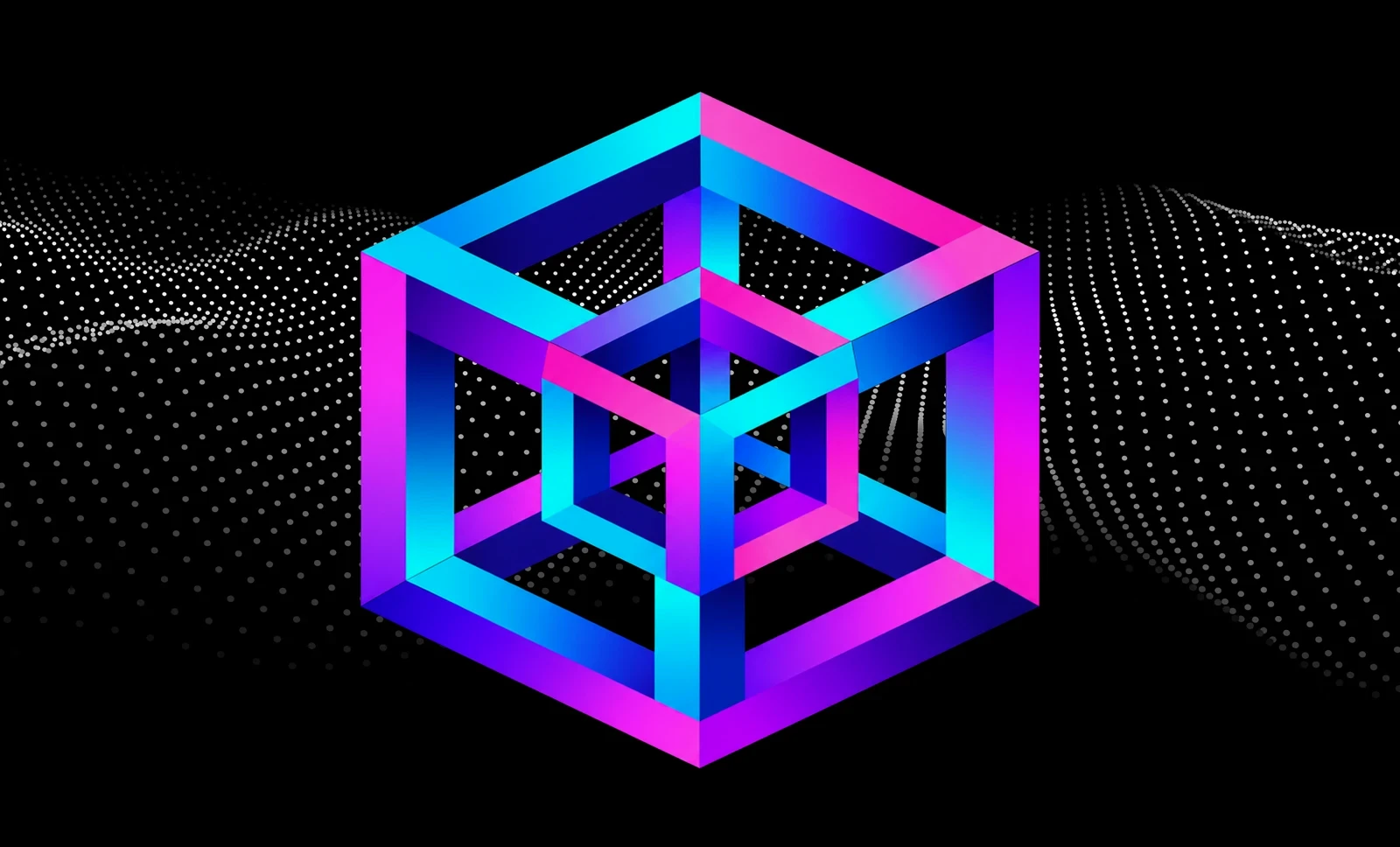 Tesseract VJ’s dimensional cube in cyan, pink and violet, surrounded by a particle wave